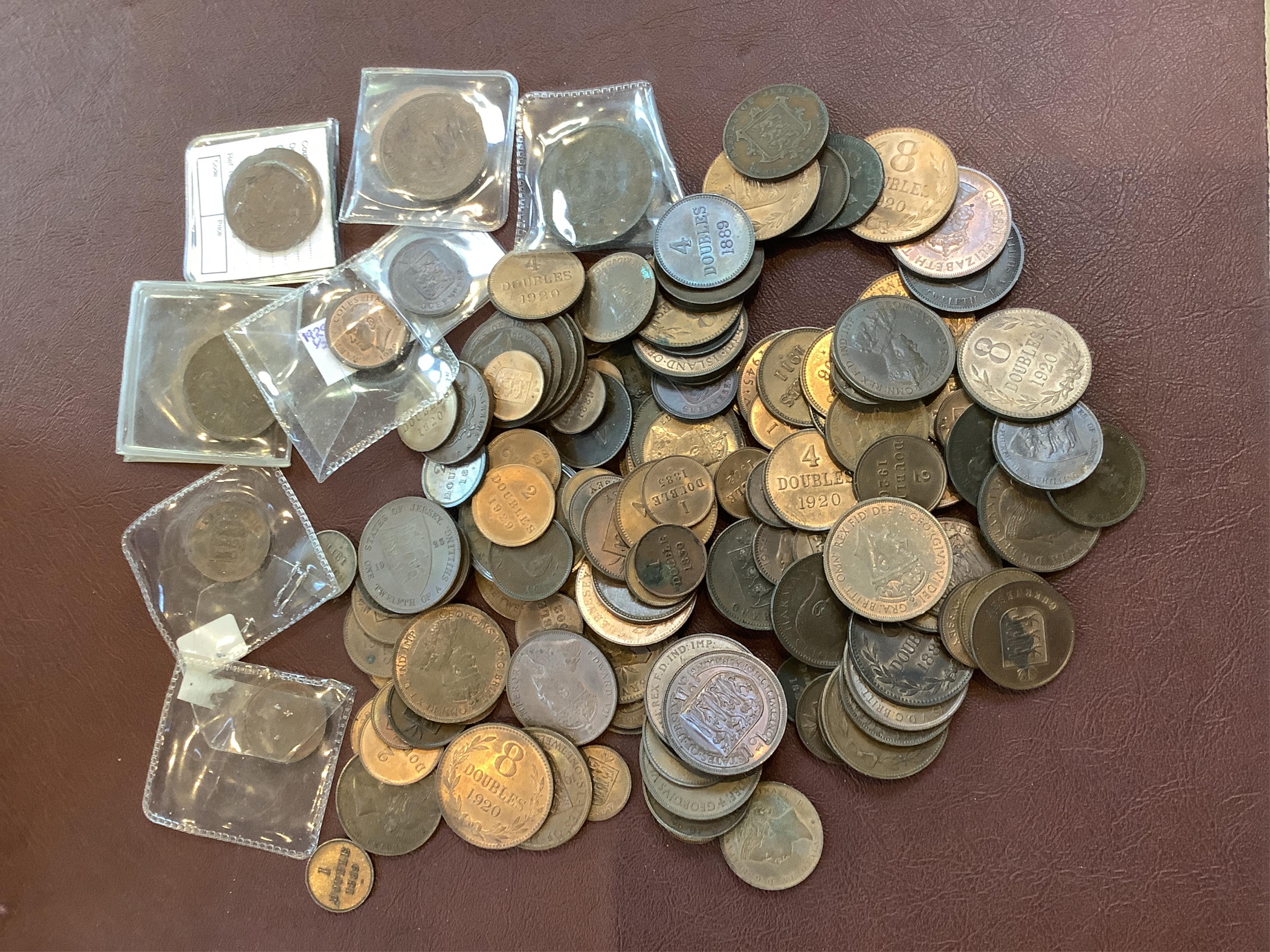 A collection of Guernsey and Channel Islands coins, Victoria to George V, many EF to UNC, Together with a C. Brooke rajah Sarawak, one cent, 1870, about EF